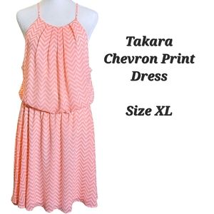 Takara Chevron Print Dress Lined Coral White Keyhole Cutout Summer Dress XL